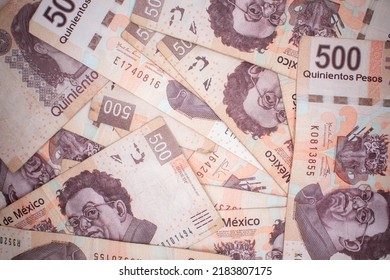 Bills Of Five Hundred Mexican Pesos In The Form Of A Tapestry From An Overhead Shot