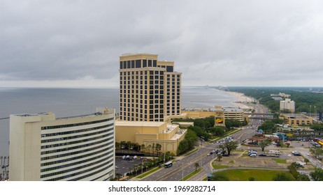 Biloxi, Mississippi USA 5 May 2021 aerial view of the Biloxi, Mississippi waterfront skyline 