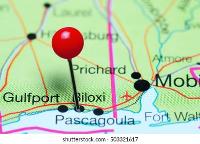 Biloxi pinned on a map of Mississippi, USA
