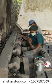 BILU ISLAND, MYANMAR - DECEMBER 11, 2018: Unidentified Workers Making Slate Writing Boards For School Children In A Small Factory On Bilu Island Outside Of Mawlamyine.