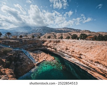 Bimmah Sinkhole in Oman, where fresh and salt water combine. Beautiful turquoise blue splendor. 600 meters separate the northeast coast of Oman