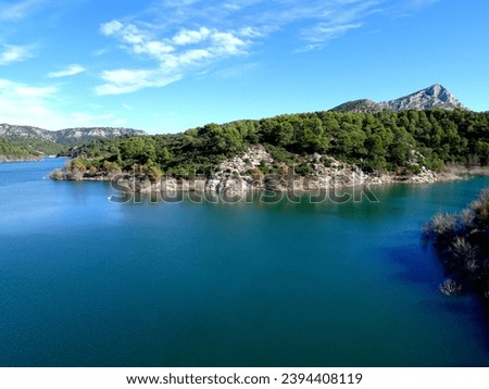 Bimont dam lake and Saint Victoire Mount near Aix en Provence. Cezanne landscape in south of France
