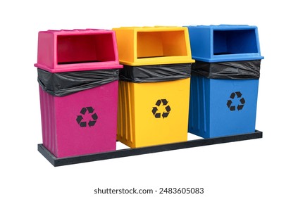 Bin plastic, three colorful recycle bins isolated on transparent background, PNG File