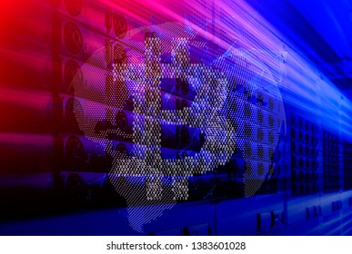 Binary bitcoin over earth digital projection motion technological background 3d render