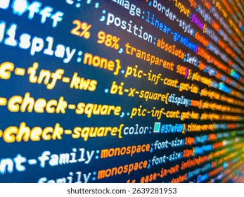 Binary code abstract background. Css with web development. Stock market graph and ticker with blue screen for stock exchange analysis. Coding script text on screen. Business graph background.