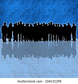 binary code background and business people silhouette