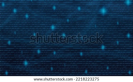Binary code background texture with sparkles. Deepth feeling with nodes. Cyber security.