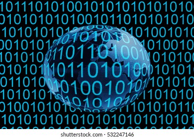 binary code and blue globe