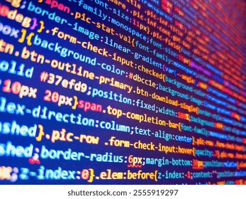 Binary code. Blue software developer background. Software development monitor. Programming code screen of software developer. Genome sequencing. Coding concept. Website codes on monitor.