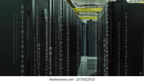 Binary code and communication icons image over data center servers. Technology, digital, network, coding, innovation, connection