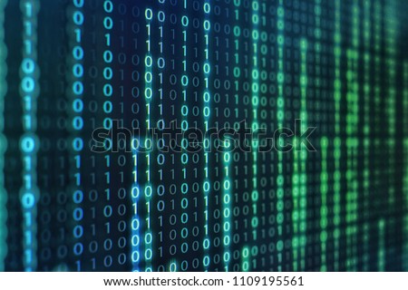 binary code data bit screen display on laptop computer screen. matrix of data flow. Rise of the big data AI age. artificial intelligence data transfer. Digital concept, high tech defocused blue light