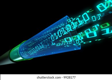 binary code data flowing through optical wires