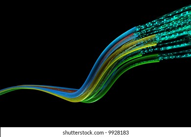 binary code data flowing through optical wires
