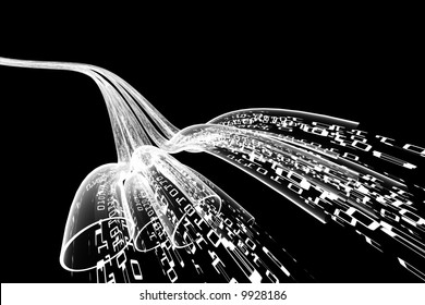 binary code data flowing through optical wires