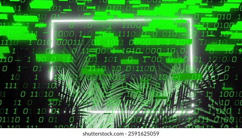 Binary code and data processing image over tropical palm leaves. Technology, coding, digital, futuristic, matrix, cyber