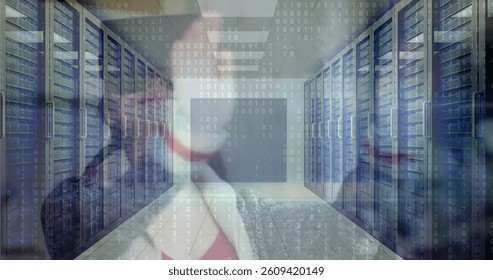 Binary code and data processing image over server room with racks. Technology, digital, network, servers, cybersecurity, database