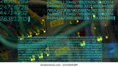 Binary code and data processing over network cables and server hardware. Technology, networking, cyber, digital, servers, coding