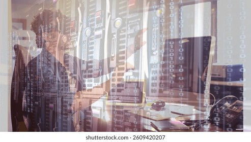 Binary code and data servers over person working at computer in office. Technology, coding, encryption, cybersecurity, IT, network