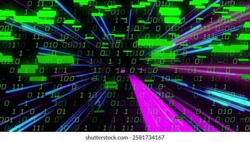 Binary code and data stream image over colorful light streaks. Technology, digital, cyber, futuristic, abstract, coding
