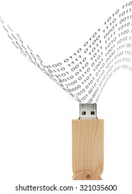 binary code data streaming into wooden usb flash drive isolated on white background, binary numbers flowing stream moving into device, represents information transfer and digital security concepts
