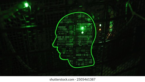 Binary code and digital data processing image over human head silhouette in green. technology, innovation, futuristic, cyber, tech, network