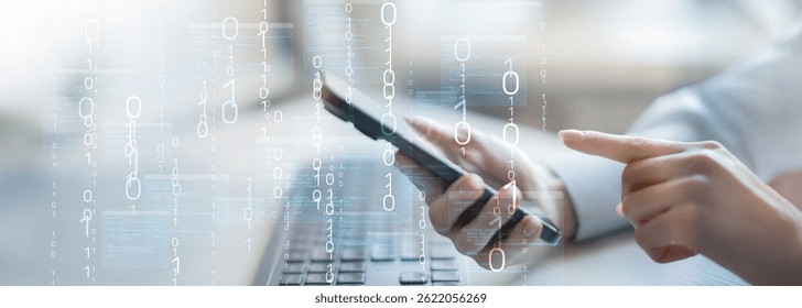 Binary Code and Digital Data Streams Displayed on Futuristic Transparent Interface.