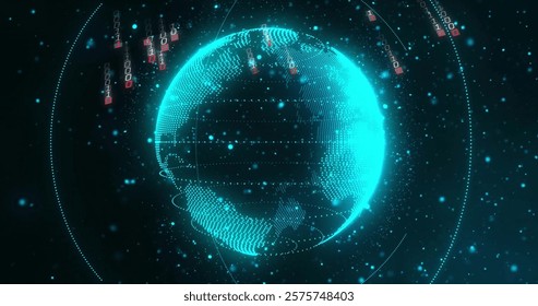 Binary code and digital globe, data transmission image. Technology, networking, cyber, internet, connection, coding