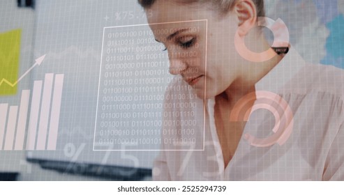 Binary code and financial data image over businesswoman working in office. technology, finance, digital, analytics, investment, economy