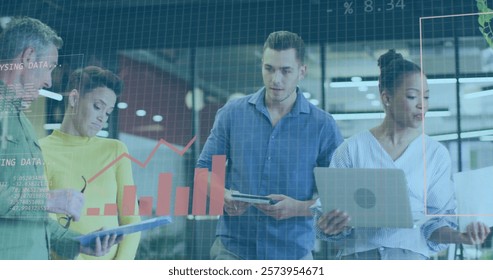 Binary code and financial data over diverse business people discussing in office. teamwork, data analysis, digital, finance, technology, communication