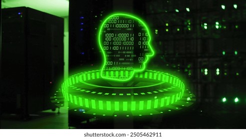 Binary code forming human head over digital data processing in green image. Technology, futuristic, cyber, coding, AI, artificial intelligence