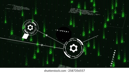 Binary code and gears image over green digital matrix background. Technology, coding, data, programming, futuristic, communication