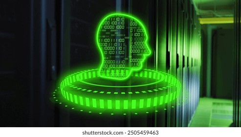 Binary code human head and digital interface image over server room. Technology, data, artificial intelligence, coding, programming, network