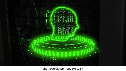 Binary code and human head hologram image over digital interface. Technology, futuristic, innovation, artificial intelligence, AI, virtual