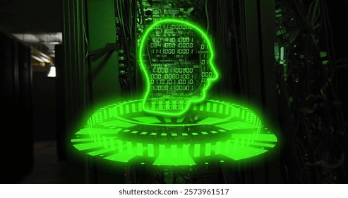 Binary code and human head hologram image over server room background. Technology, digital, data, cybersecurity, network, innovation