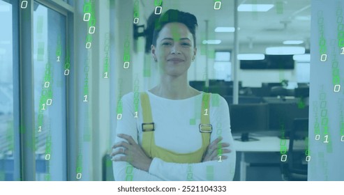 Binary code image over confident businesswoman standing in modern office. Technology, professional, innovation, digital, futuristic, corporate - Powered by Shutterstock