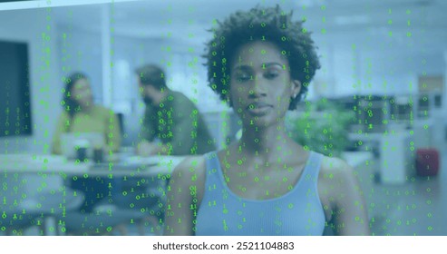 Binary code image over diverse people working in modern office. Technology, teamwork, collaboration, coding, digital, innovation