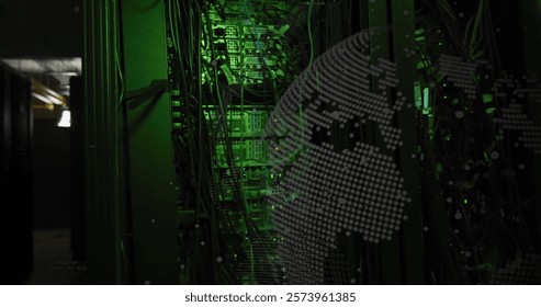 Binary code image over green-lit server racks in data center. Technology, digital, coding, cybersecurity, network, infrastructure
