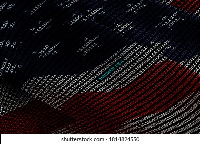 Binary code with inscription hacker usa on background of American flag.