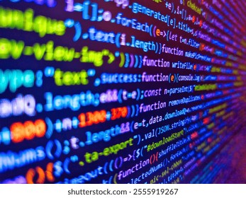 Binary code. Monitor technology concept. Minified javascript file. Blue software developer. Abstract digital background. Web dewelopment. Closeup of minified javascript file. Code background.