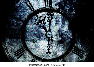 binary code on the background of old clocks, the concept of the era of computer technology
