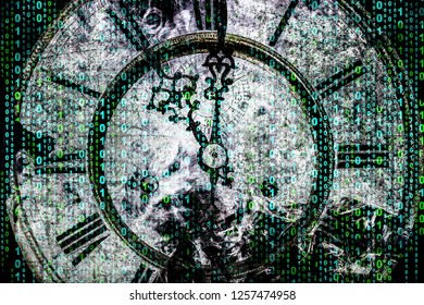 binary code on the background of old clocks, the concept of the era of computer technology