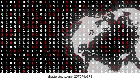 Binary code over image of globe, representing global data processing. Technology, digital, coding, programming, cybersecurity, innovation