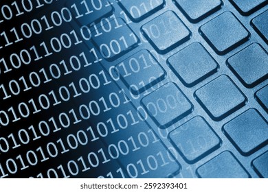 Binary code overlay on a computer keyboard. Digital technology and cybersecurity concept. Data flow background. Internet communication texture. Software coding in a modern business environment.