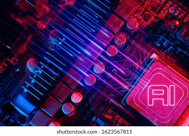 Binary code overlays a circuit board with blue and purple light radiating towards an "AI" component, symbolizing artificial intelligence and data processing.