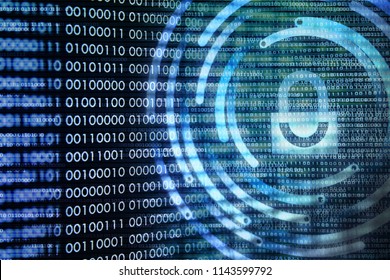 binary code and padlock icon. double exposure photo of blue padlock and computer screen displaying white binary bit information data on black background.