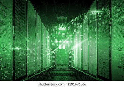 binary code particles and neon glowing cyber wave. in modern server room Big data structure. Internet or cyberspace technology concept. Green tone