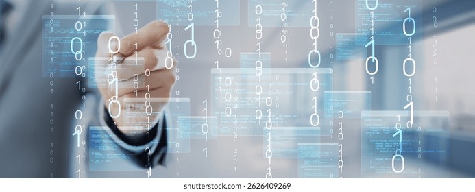 Binary Code and Software Programming Visualization with Interactive Digital Interface.