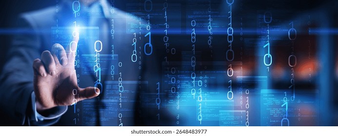 Binary Code and Software Programming Visualization with Interactive Digital Interface.
