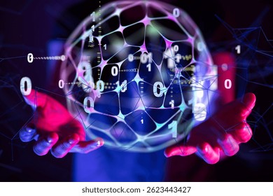 Binary Code Sphere Held in Hands: Digital Data Network