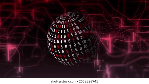Binary code sphere rotating over red digital network image. Technology, cyberspace, internet, data, coding, futuristic